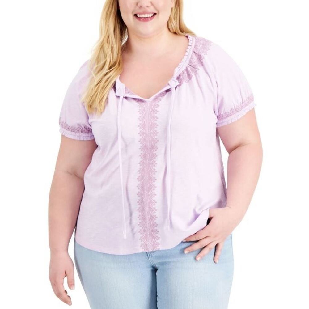 Style & Co Women's Embroidered Puff Short Sleeve Top in Lavender Bouquet 2XL $50